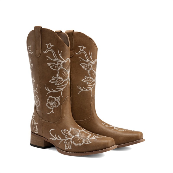 Classic Comfy Square-Toe Mid-Calf Cowboy Boots - TAN - 4