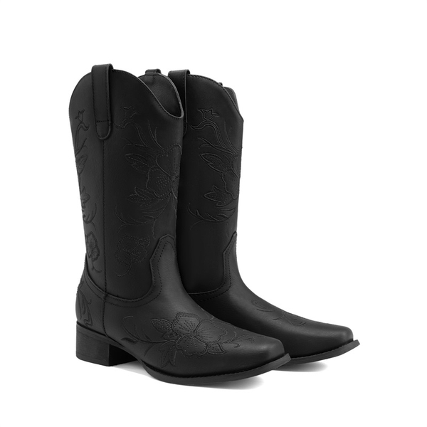 Classic Comfy Square-Toe Mid-Calf Cowboy Boots - ALL BLACK - 4