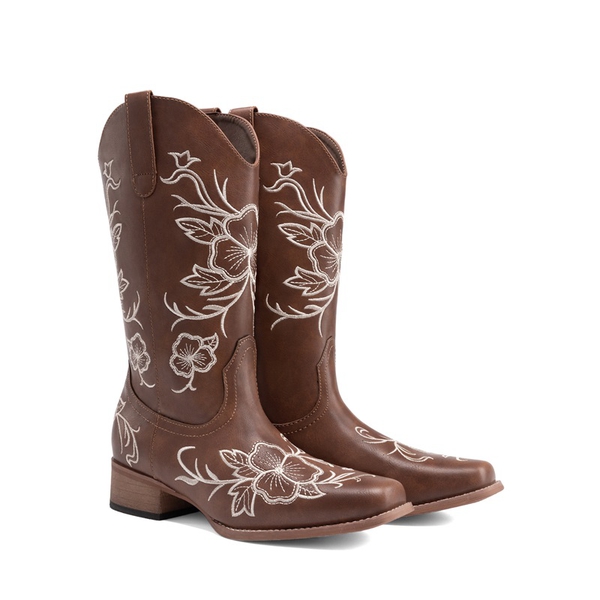 Classic Comfy Square-Toe Mid-Calf Cowboy Boots - BROWN - 4
