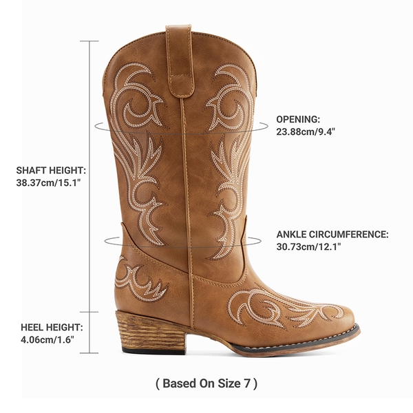 Wide-calf Square-toe Mid-Calf Cowgirl Boots - TAN - 3