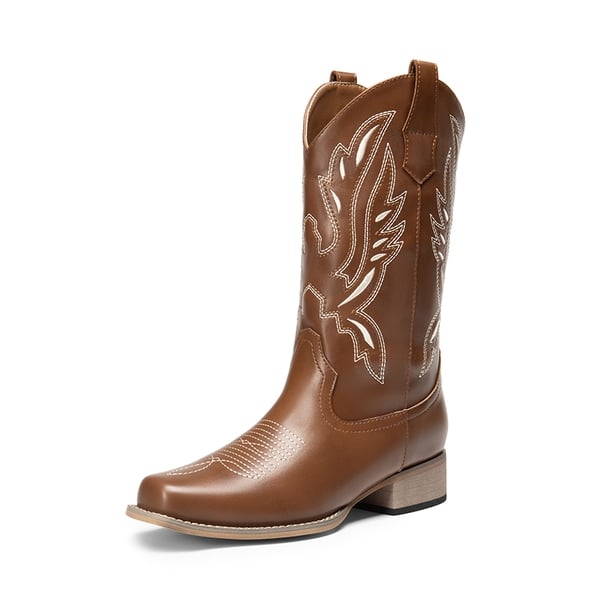 Wide-calf Square Toe Embroidered Cowboy Boots - BROWN -  0