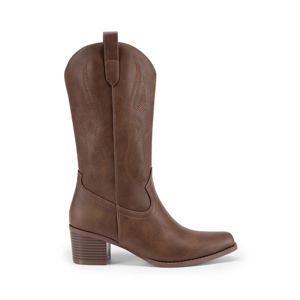 Wide Calf Embroidered Mid-Calf Cowboy Boots - BROWN - 5