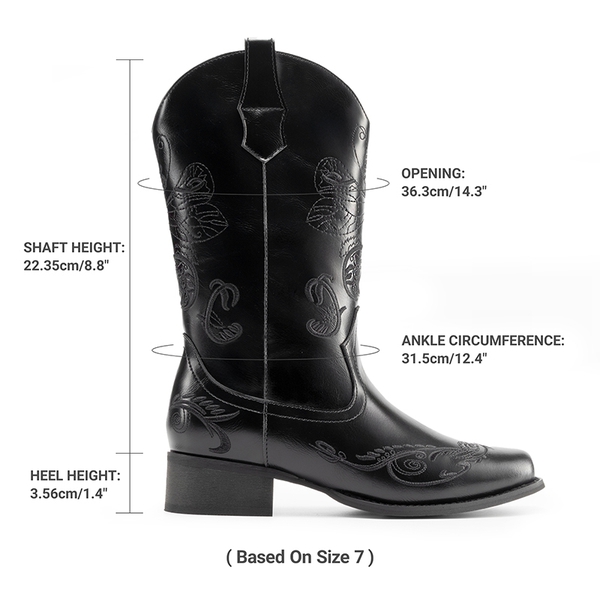 Wide-calf Square Toe Embroidered Cowboy Boots - BLACK - 3