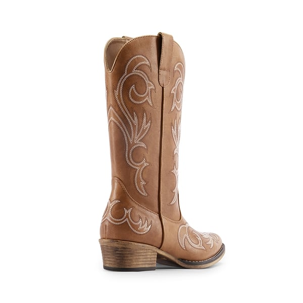 Wide-calf Square-toe Mid-Calf Cowgirl Boots - TAN - 4