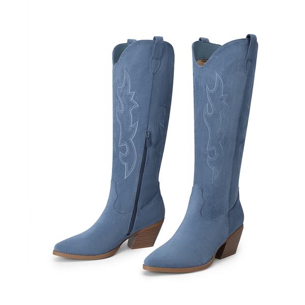 Block Heel Knee-high Cowgirl Boots - BLUE - 4