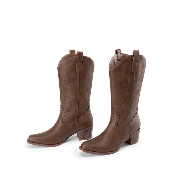 Wide Calf Embroidered Mid-Calf Cowboy Boots - BROWN - 6
