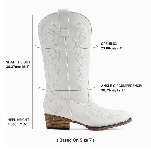 Wide-calf Square-toe Mid-Calf Cowgirl Boots - WHITE - 3