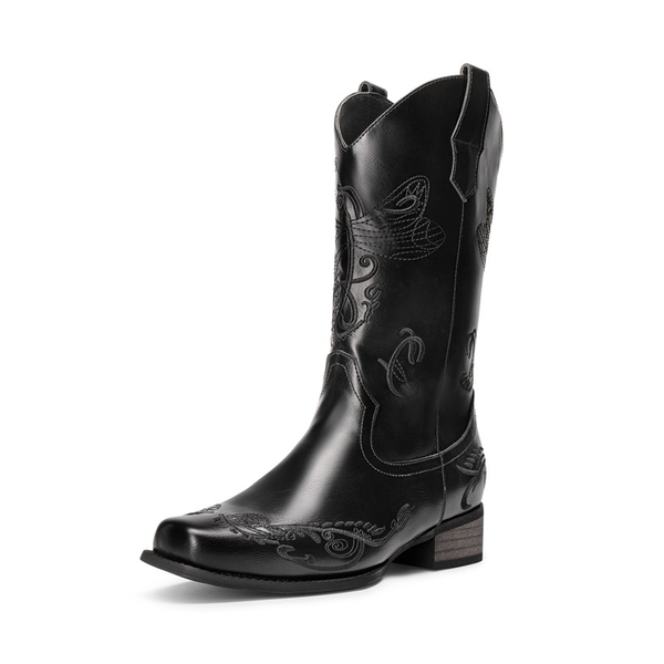 Wide-calf Square Toe Embroidered Cowboy Boots - BLACK -  0