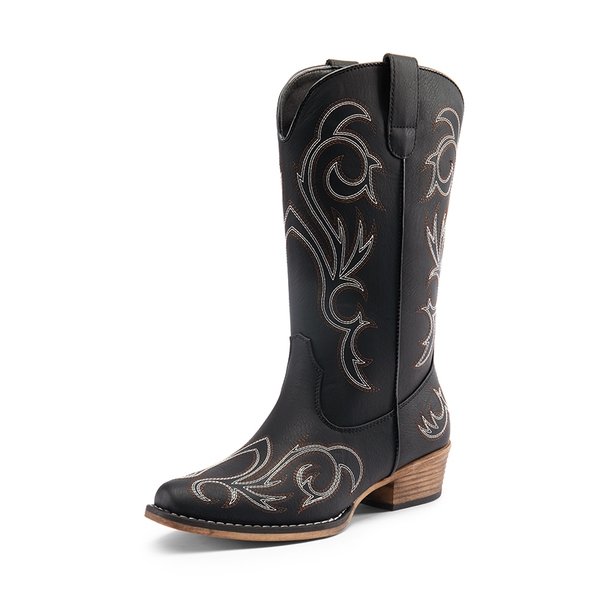 Wide-calf Square-toe Mid-Calf Cowgirl Boots - BLACK -  0