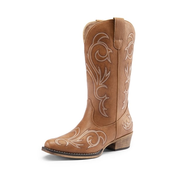 Wide-calf Square-toe Mid-Calf Cowgirl Boots - TAN -  0