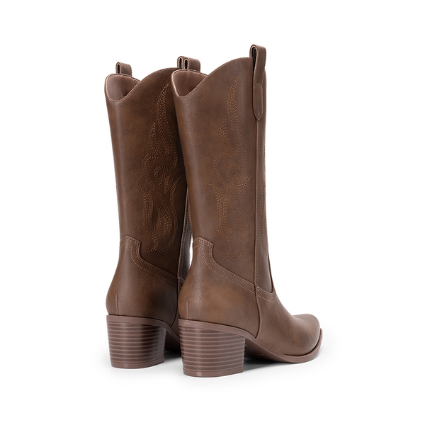 Wide Calf Embroidered Mid-Calf Cowboy Boots - BROWN - 4