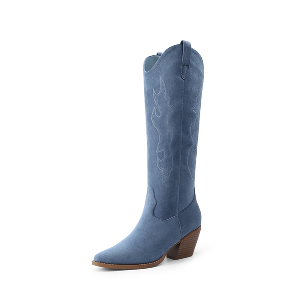 Block Heel Knee-high Cowgirl Boots - BLUE -  0