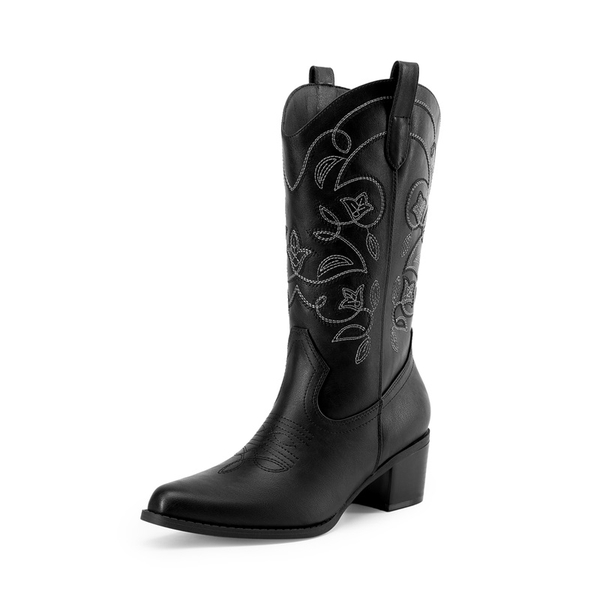 Women’s Wide-calf Embroidered Distressed Cowboy Boots - BLACK -  0