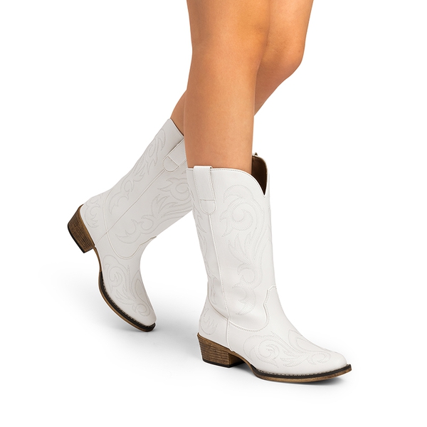 Wide-calf Square-toe Mid-Calf Cowgirl Boots - WHITE - 8