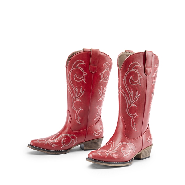 Wide-calf Square-toe Mid-Calf Cowgirl Boots - RED - 5