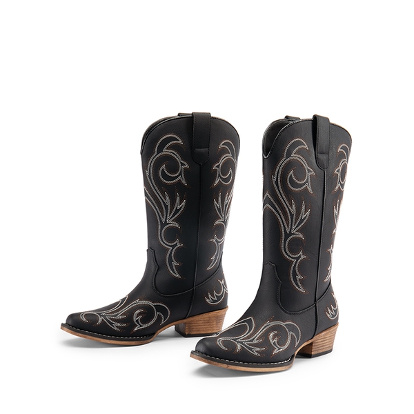 Wide-calf Square-toe Mid-Calf Cowgirl Boots - BLACK - 5