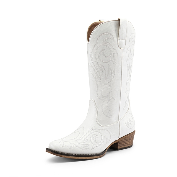 Wide-calf Square-toe Mid-Calf Cowgirl Boots - WHITE -  0