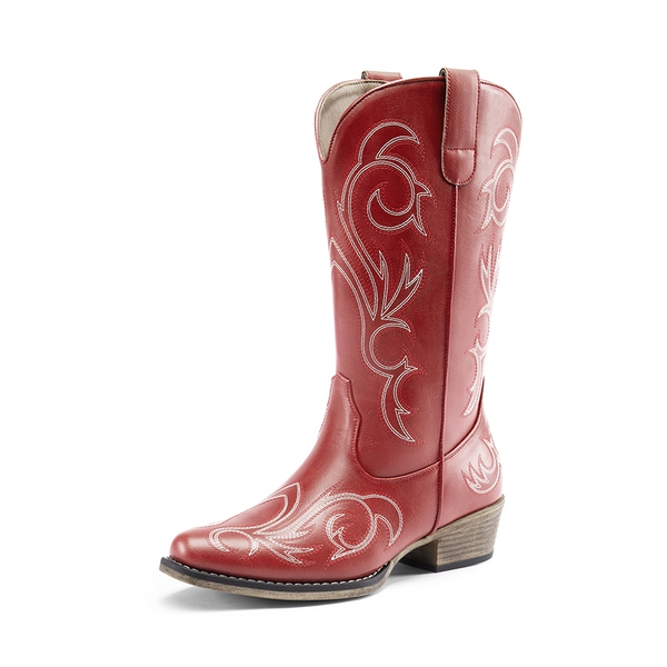 Wide-calf Square-toe Mid-Calf Cowgirl Boots - RED -  0