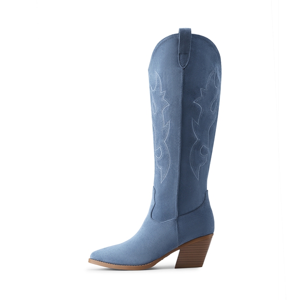 Block Heel Knee-high Cowgirl Boots - BLUE - 3