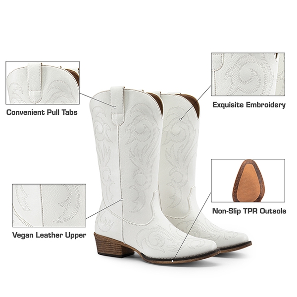 Wide-calf Square-toe Mid-Calf Cowgirl Boots - WHITE - 7