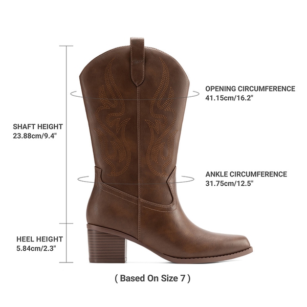Wide Calf Embroidered Mid-Calf Cowboy Boots - BROWN - 3
