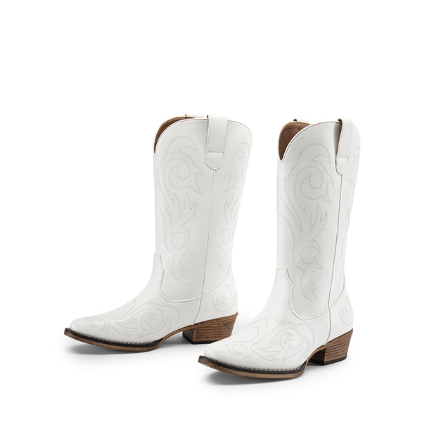 Wide-calf Square-toe Mid-Calf Cowgirl Boots - WHITE - 5