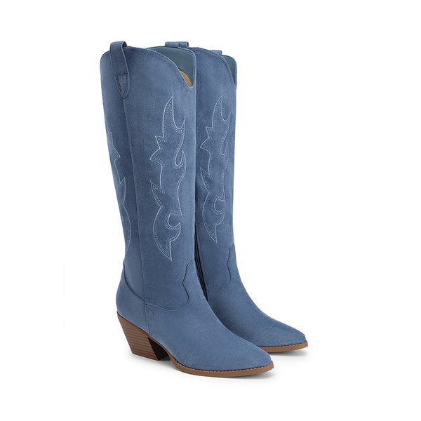 Block Heel Knee-high Cowgirl Boots - BLUE - 5