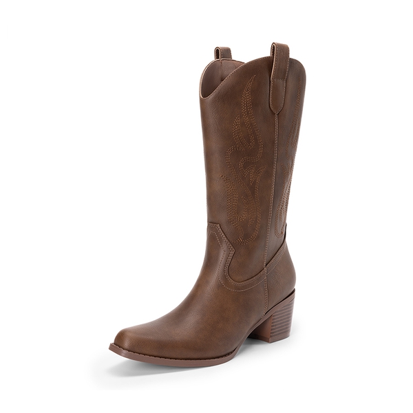 Wide Calf Embroidered Mid-Calf Cowboy Boots - BROWN -  0