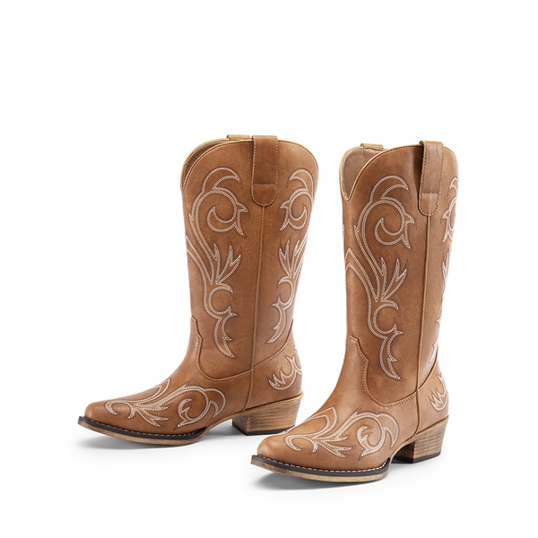 Wide-calf Square-toe Mid-Calf Cowgirl Boots - TAN - 5