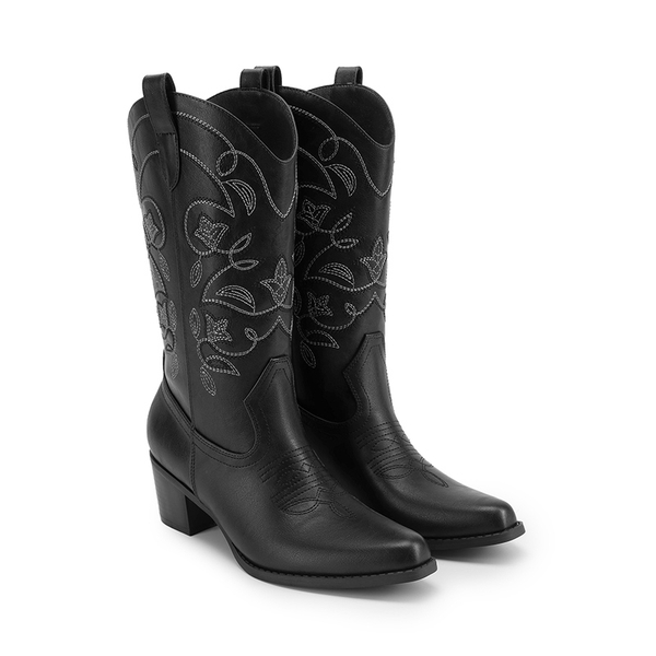 Women’s Wide-calf Embroidered Distressed Cowboy Boots - BLACK - 4