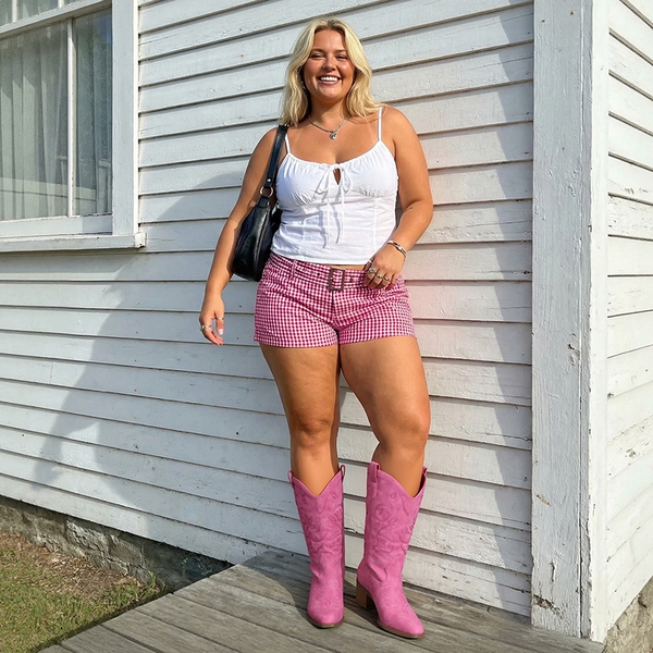 Women’s Wide-calf Embroidered Distressed Cowboy Boots - PINK - 1