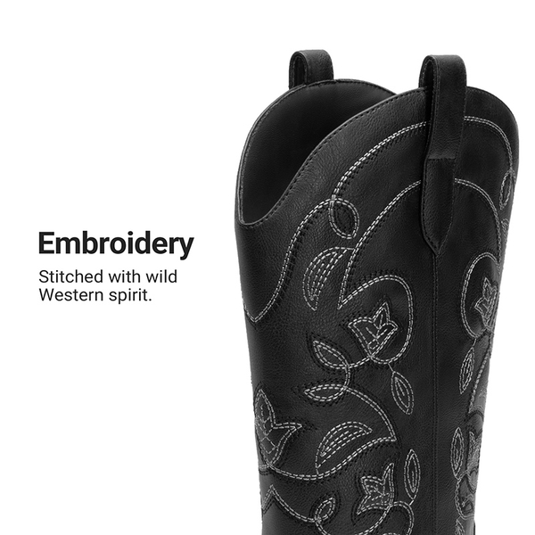 Women’s Wide-calf Embroidered Distressed Cowboy Boots - BLACK - 5