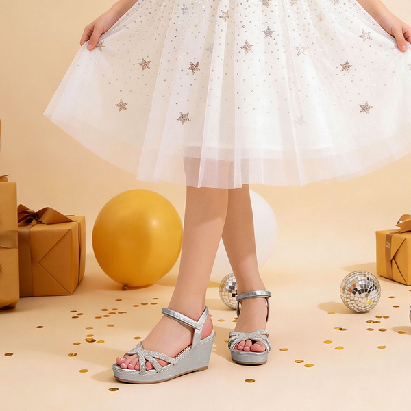 Girls Rhinestone Wedge Sandals - SILVER - 1