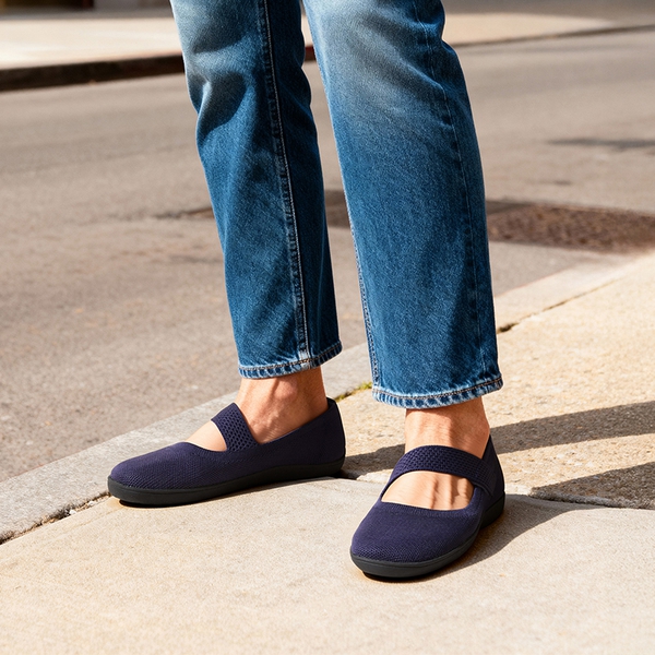 Ascenelle Women’s Wide-Sole Mary Jane Flats Knit Edition - NAVY - 2