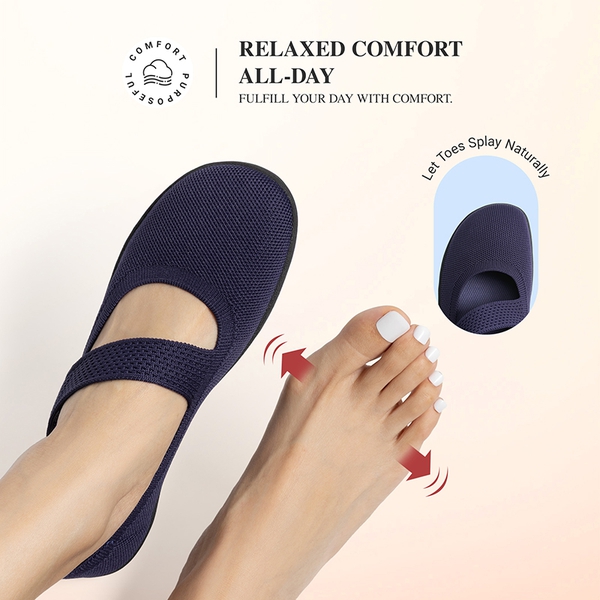 Ascenelle Women’s Wide-Sole Mary Jane Flats Knit Edition - NAVY - 4