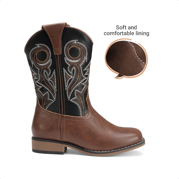 Kids’ Embroidered Square Toe Cowboy Boots - BLACK/BROWN - 4