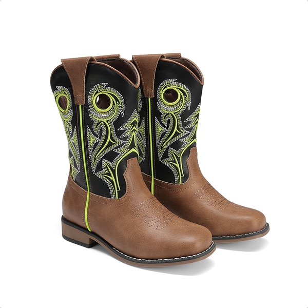 Kids’ Embroidered Square Toe Cowboy Boots - BLACK/TAN - 5