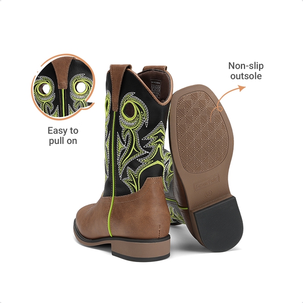 Kids’ Embroidered Square Toe Cowboy Boots - BLACK/TAN - 3
