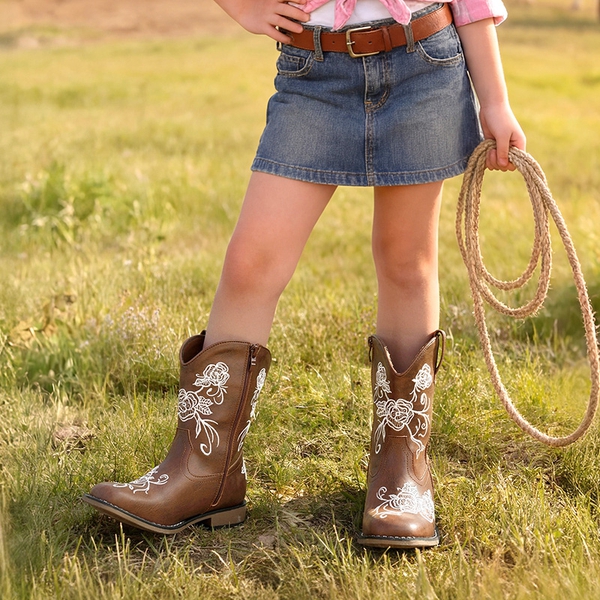 Kids’ Embroidered Cowboy Boots - BROWN - 1