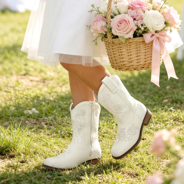 Kids’ Embroidered Cowboy Boots - WHITE - 1