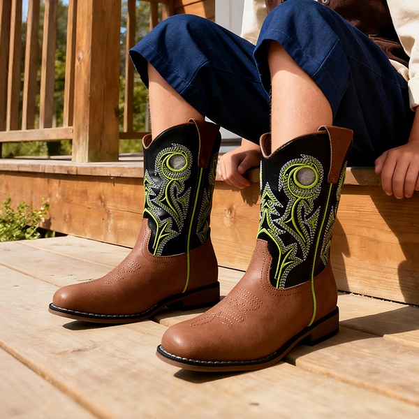 Kids’ Embroidered Square Toe Cowboy Boots - BLACK/TAN - 1