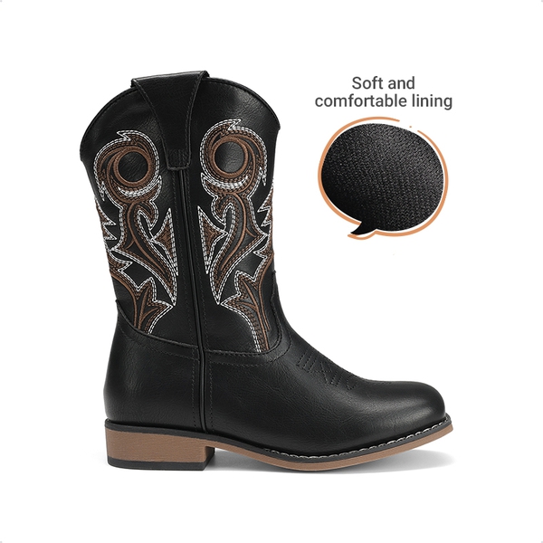 Kids’ Embroidered Square Toe Cowboy Boots - BLACK - 4