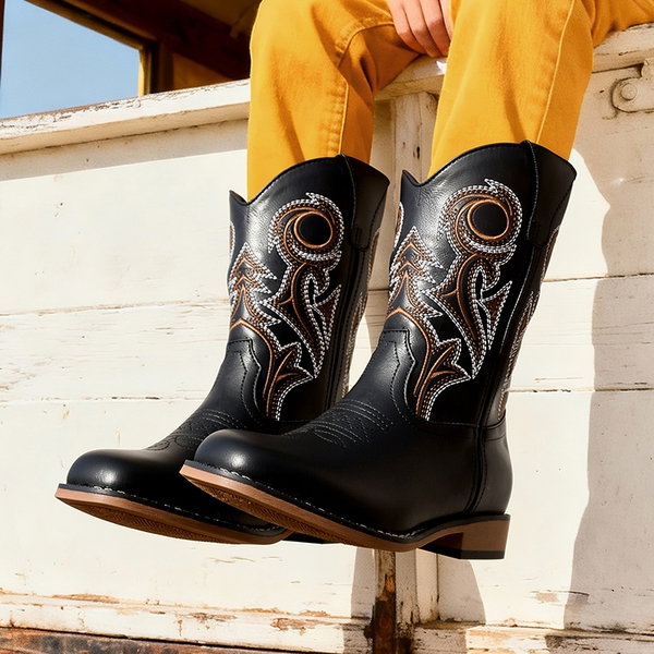 Kids’ Embroidered Square Toe Cowboy Boots - BLACK - 1