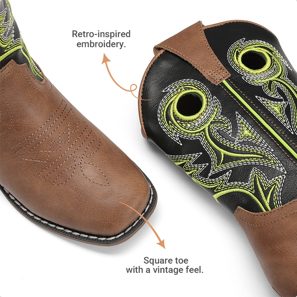 Kids’ Embroidered Square Toe Cowboy Boots - BLACK/TAN - 2