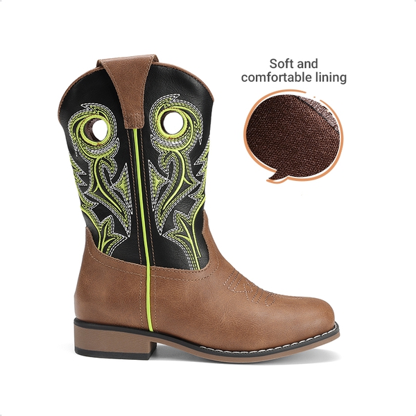 Kids’ Embroidered Square Toe Cowboy Boots - BLACK/TAN - 4