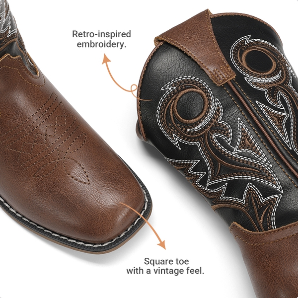Kids’ Embroidered Square Toe Cowboy Boots - BLACK/BROWN - 2