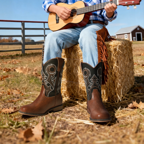Kids’ Embroidered Square Toe Cowboy Boots - BLACK/BROWN - 1