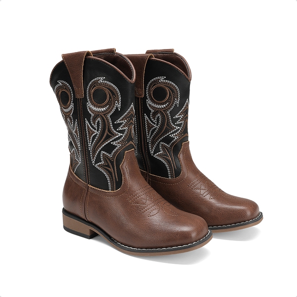 Kids’ Embroidered Square Toe Cowboy Boots - BLACK/BROWN - 5