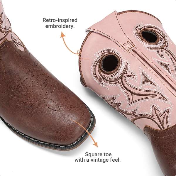 Kids’ Embroidered Square Toe Cowboy Boots - PINK - 2
