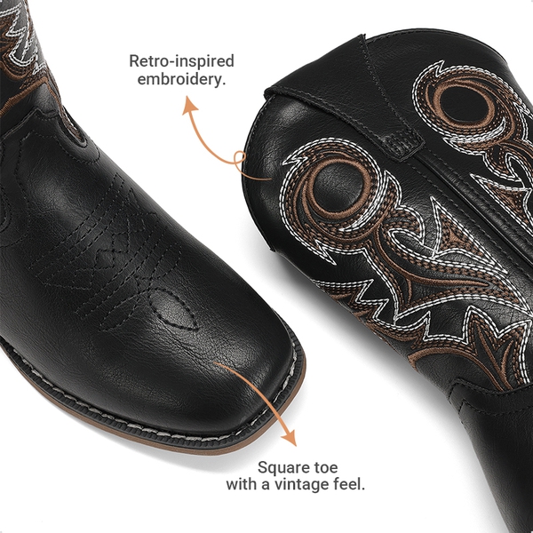 Kids’ Embroidered Square Toe Cowboy Boots - BLACK - 2